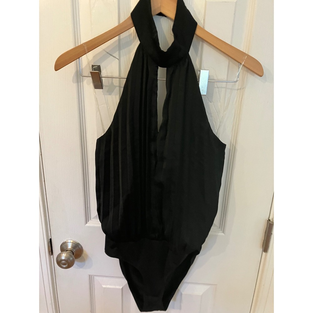 Vanilla Star Black Halter Bodysuit Top Pleated Sleeveless Blouse Medium